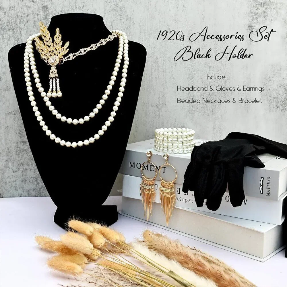 Women Flapper Costume Accessories Set Vintage 1920s Headband Earrings Gloves Pea